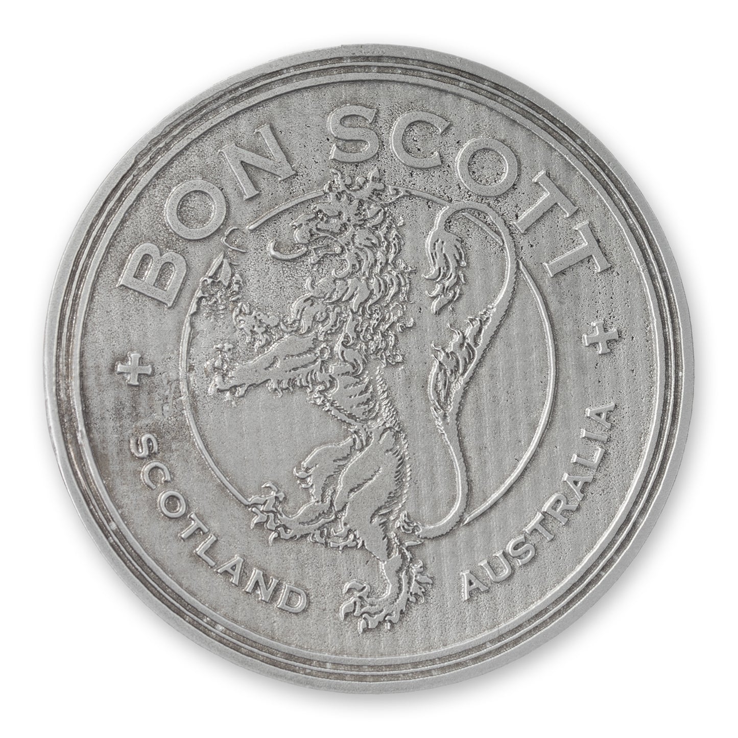 Silver coin with 'Bon Scott' and a lion emblem on a white background